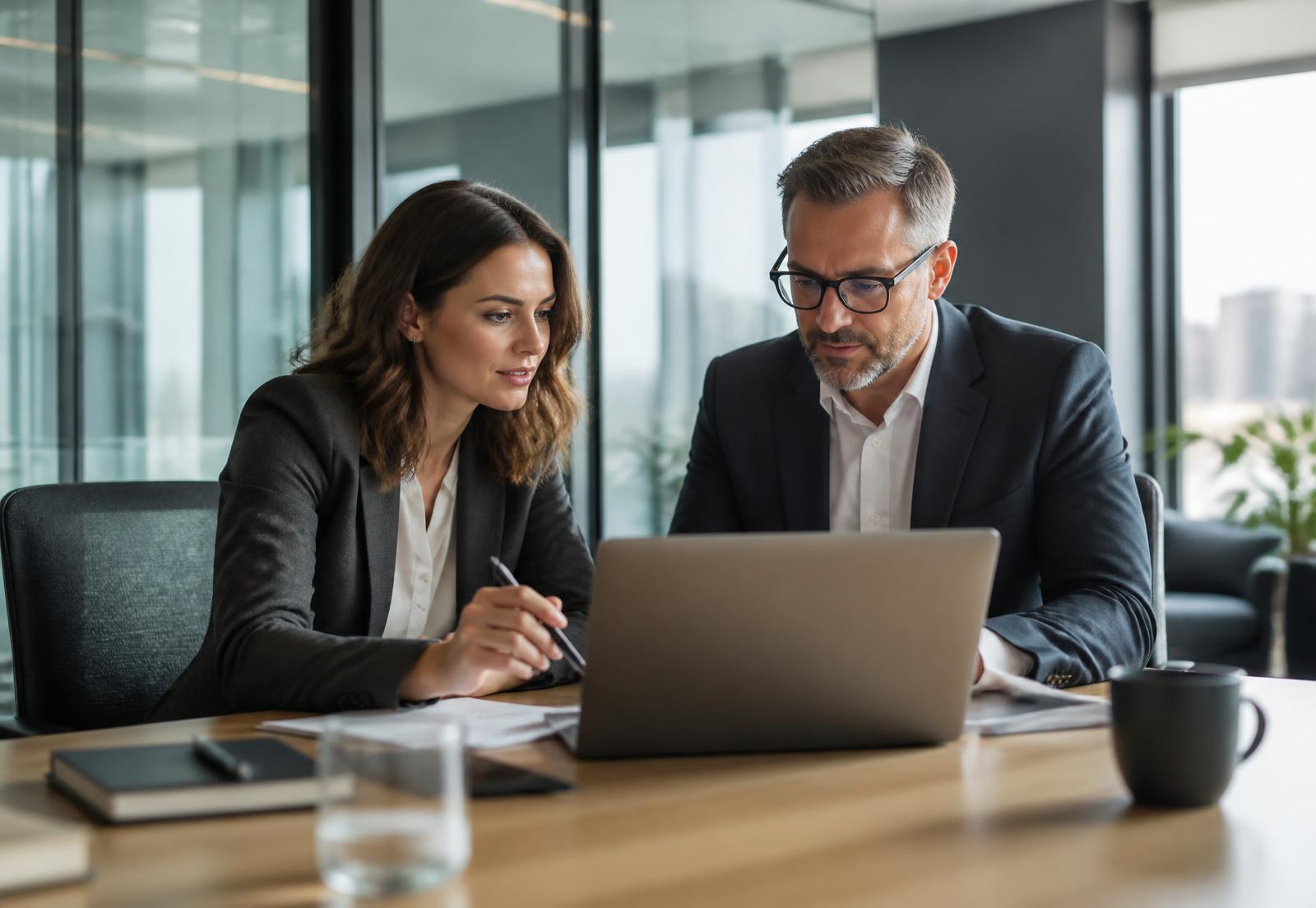 Two finance consultants reviewing funding options for a client