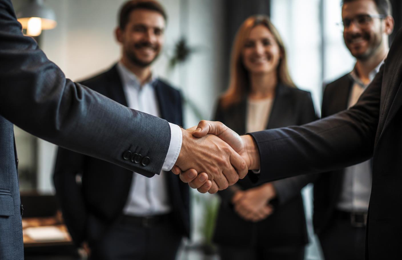 Supplier and finance consultant shaking hands after agreeing a vendor finance programme